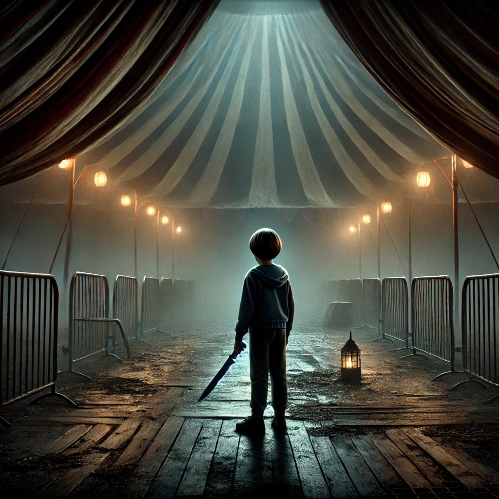 Fog-shrouded carnival tent entrance with flickering lanterns and an eerie, unsettling atmosphere.